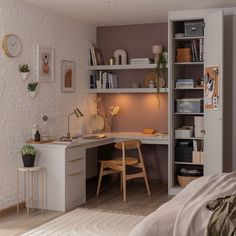 a bedroom with a bed, desk and shelves on the wall next to each other