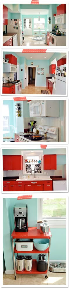 three pictures of the same kitchen with different appliances