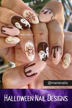 Short Almond Spooky Nails, Spooky Nail Ideas Short, Halloween Nails With Gems, Short Real Nails Ideas, Nail Ideas Ghost, Nails Inspiration Halloween, Brown Halloween Nails, Spoopy Nails, Nails Halloween Pumpkin