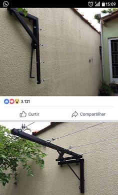 two pictures side by side of a house and the same one has an antenna attached to it