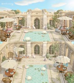 an artist's rendering of a courtyard with tables, chairs and umbrellas in it