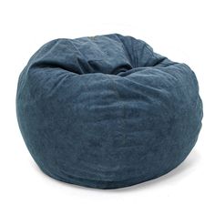 a blue bean bag chair sitting on top of a white floor