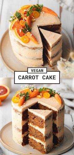 a cake that has been cut into pieces and is sitting on a plate with the words vegan carrot cake