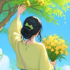 a painting of a woman reaching up to a tree with yellow flowers in her hair