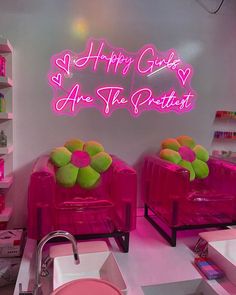 Happy Birthday Neon Sign Neon Salon Decor, Boutique Store Decor Ideas, Retro Nail Room, Groovy Salon Decor, Maximalist Hair Salon Decor, Quirky Salon Ideas, Colorful Beauty Salon, Salon Vibes Aesthetic, Mail Salon Decor