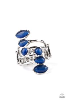 Featuring round, teardrop, and marquise shapes, two frames of glowing blue cat's eye stones stack across a layered silver band for an all around radiance. Features a stretchy band for a flexible fit. Sold as one individual ring. Squirrel Jewelry, Cats Eye Ring, Cats Eye Stone, Blue Ring, Paparazzi Accessories, Ring Blue, Cat Jewelry, Eye Ring, Eye Stone