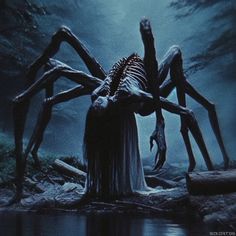 a giant spider crawling across a body of water