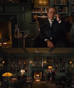 two pictures of a man in a suit talking on the phone and sitting in a chair