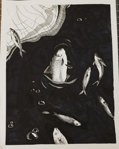 black and white drawing of fish swimming in water