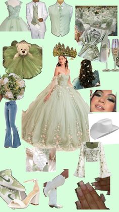 a collage of wedding items including shoes, hats, and gowns with flowers on them