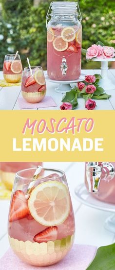 lemonade is served in glass pitchers and garnished with strawberries