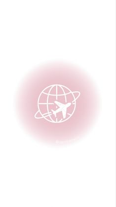 an airplane flying over the top of a pink and white circle with words on it