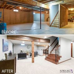 before and after photos of an unfinished basement