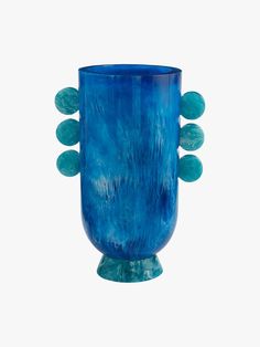 Blue vase with sphere accents on each side. Geometric Vase, Geometric Vases, Dimensional Color, Jonathan Adler, Green Tones