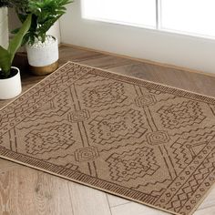 a brown rug on the floor next to a potted plant and window sill