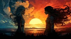 two women standing next to each other in front of a sunset