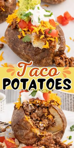 taco potatoes are stuffed with meat, cheese and other toppings to make an appetizer