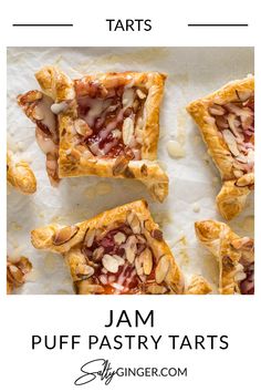 four pieces of puff pastry with almonds on top and text overlay that reads jam puff pastry tarts