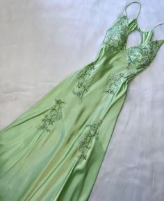 Green V neck Long Prom Dress Green Satin Prom Dress, Prom Outfit, Long Party Dress, Satin Evening Gown, Backless Evening Dress, Floor Length Prom Dresses, Elegant Party Dresses, Beaded Prom Dress