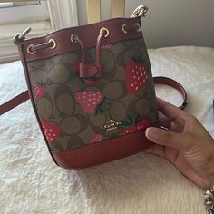 Comes With Strap Coach Strawberry Bag, Coach Red Satchel With Adjustable Strap, Coach Strawberry Crossbody, Coach Pink Shoulder Bag With Detachable Strap, Heart-shaped Shoulder Bag With Adjustable Strap For Valentine's Day, Coach Bags, Bag Lady, Red, Pink