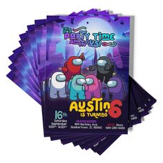 the party time flyer is shown with purple and blue colors