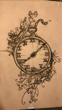 a drawing of a clock with flowers and vines on it