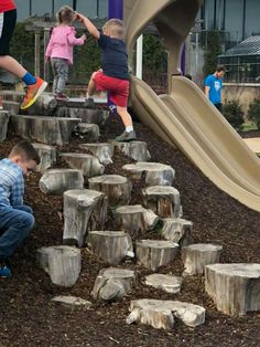 two children playing on a playground slide and wooden stumps in the foreground, while an adult watches