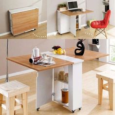 there are three different views of a kitchen island with stools and a laptop on it