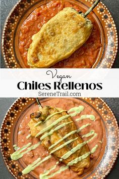 Vegan chile relleno on top of red chile sauce. Vegetarian Chile Relleno, Vegan Chilaquiles, Vegan Tamales, Poblano Pepper, Chili Relleno