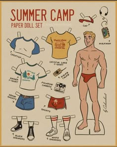 Summer Camp Paper Doll Set Aesthetic Hombre, Queer Clothes, Boyfriend Fashion, Male Pinup, Instagram Template Design, Gay Aesthetic, Queer Art, Doll Set, Aesthetic Boy