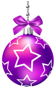 a purple christmas ornament with stars and a bow hanging from it's side