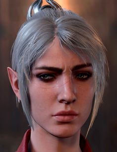 a close up of a person with grey hair and an evil look on their face