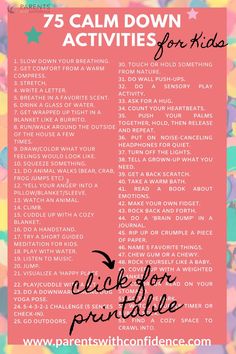 a pink poster with the words 75 calm down activities for kids