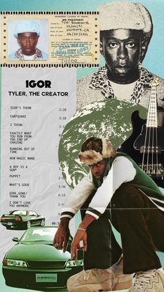 a collage of various images including a man with a guitar and other music related items