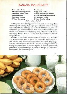 a recipe for banana doughnuts on a plate with milk and bananas in the background