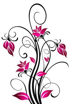 a flower with swirls and leaves is shown in black and pink on a white background