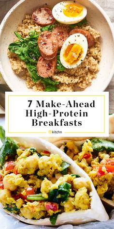 two plates filled with eggs, meat and vegetables on top of each other next to the words 7 make - ahead high protein breakfasts