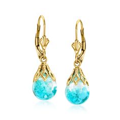 Ross-Simons - Floating Turquoise Drop Earrings in 14kt Yellow Gold. Heads will turn when you wear these breathtaking treasures! Here, delicate 8mm handblown glass beads hold free-form Sleeping Beauty turquoise and are set in polished 14kt yellow gold. Hanging length is 1 1/8". These drop earrings will be the perfect complement to your elegant evening wear! Leverback, floating turquoise drop earrings. Elegant Evening Wear, Colored Jewelry, Turquoise Drop Earrings, Sleeping Beauty Turquoise, Stone Cuts, Fine Jewellery Earrings, Turquoise Color, Turquoise Earrings, Turquoise Jewelry