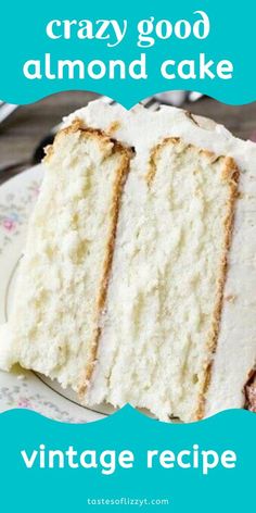 a slice of cake on a plate with the words from scratch - almond cream cake