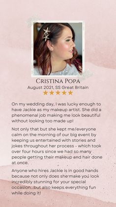 I always feel truly grateful and honoured when a bride chooses to book me to do their hair and makeup for their wedding day. I feel even more honoured and special when brides take time to leave me such a lovely review too - thank you so much Cristina ☺️ Cristina got Married on the SS Great Britain in August 2021. Makeup Services