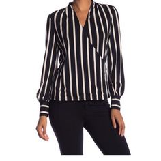 New! Adrianna Papell Surplice Blouse W Stretch. Faux Wrap Blouse V Neck Long Sleeve Blouse. Striped Long Sleeve Party Blouse, Chic Striped Tops For Night Out, Chic Striped Blouse For Workwear, Elegant Striped Blouse For Fall, Elegant Striped Fall Blouse, Striped V-neck Blouse For Fall, Striped V-neck Blouse For Work, Fall Striped V-neck Blouse, Chic Striped V-neck Blouse