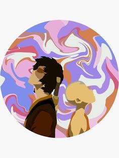 two people are facing each other in front of a circular background with swirly colors