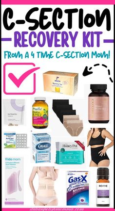 Postpartum products for a mom recovering from a c-section delivery. C Section Recovery Kit, C Section Recovery Essentials, Nursing Tea