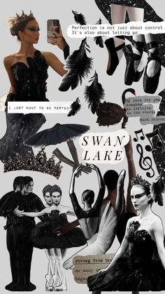 the collage shows different types of black and white fashions, with text that reads swan lake