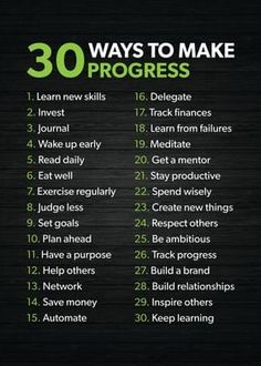 the 30 ways to make progress list on a blackboard with green writing and numbers