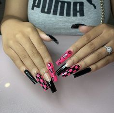 Hot Pink Black And Silver Nails, Hot Pink Black And White Nails, Draculaura Nails Acrylic, Pink And Black Nails Acrylic Coffin, Black Hot Pink Nails, Hot Pink Black Nails, Hot Pink And Black Nails Acrylics, Black And Hot Pink Nails, Pink Coffin Nail Ideas