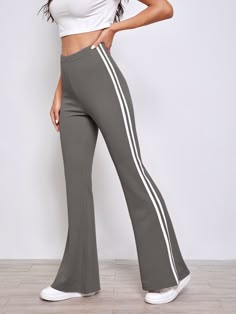 Grey Casual Collar  Knitted Fabric Striped Flare Leg Embellished High Stretch Spring/Summer/Fall Women Bottoms Gym Trousers Women, Flare Leg Trousers, Sweats Outfit, Fitness Wear Outfits, Women Bottoms, Gym Pants, Funky Outfits, Easy Trendy Outfits