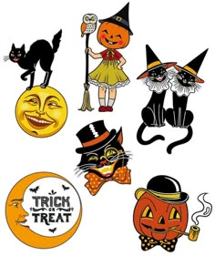 halloween stickers with cats, pumpkins and witches