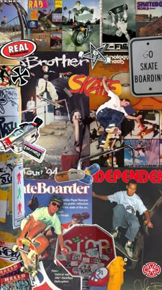 a collage of skateboarders and street signs