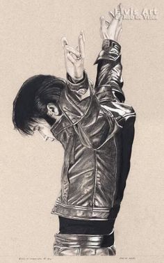 a black and white drawing of a man wearing a leather jacket with his hands in the air